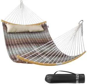 Double Hammock, 11 FT Quilted Fabric 2 Person Hammock for Outside with Pillow, Folding Curved Spreader Bar, Chains, Carrying Bag, Indoor Outdoor, 450 IB Capacity, Aqua Green Double Hammock, 11 FT Quilted Fabric 2 Person Hammock for Outside with Pillow, Folding Curved Spreader Bar, Chains, Carrying Bag, Indoor Outdoor, 450 IB Capacity, Aqua Green