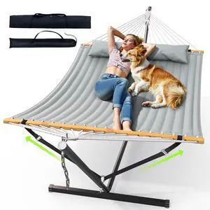 Double Hammock with Stand 500lbs Heavy Duty Outdoor Two Person Gray Double Hammock with Stand 500lbs Heavy Duty Outdoor Two Person Gray