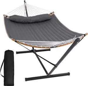 Double Portable Hammock with Stand, 2 Person Hammock with Curved Spreader Bar, Balance Ropes Included, Dark Gray Double Portable Hammock with Stand, 2 Person Hammock with Curved Spreader Bar, Balance Ropes Included, Dark Gray