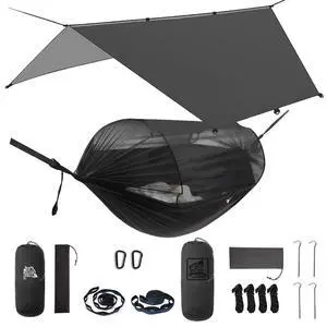 Camping Hammock with Net & Rain Fly All-in-1 - Double & Single Portable Hammock Ripstop Nylon, Complete Kit w/Adjustable Tree Straps for Backpacking, Outdoor, Travel Camping Hammock with Net & Rain Fly All-in-1 - Double & Single Portable Hammock Ripstop Nylon, Complete Kit w/Adjustable Tree Straps for Backpacking, Outdoor, Travel