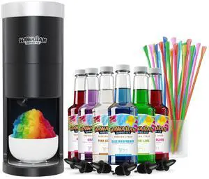 HomePro Shaved Ice and Snow Cone Machine Kit, 6-16oz. Syrup Flavors Cherry, Grape, Blue Raspberry, Tigers Blood, Lemon-Lime, Pina Colada, 50 spoon straws, 6 black pour spouts HomePro Shaved Ice and Snow Cone Machine Kit, 6-16oz. Syrup Flavors Cherry, Grape, Blue Raspberry, Tigers Blood, Lemon-Lime, Pina Colada, 50 spoon straws, 6 black pour spouts