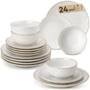 24-Piece Farmhouse Dinnerware Set for 8, Embossed White Stoneware Plates and Bowls Sets, Vintage Relief Ceramic Dish Set, Chip-Resistant, Microwave & Dishwasher Safe 24-Piece Farmhouse Dinnerware Set for 8, Embossed White Stoneware Plates and Bowls Sets, Vintage Relief Ceramic Dish Set, Chip-Resistant, Microwave & Dishwasher Safe