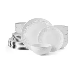 Josephine 24-Piece Dinnerware Set, Porcelain Dish Set with Embossed Basket Weave Design, Service for 8, White Plates and Bowls Sets, Microwave and Dishwasher Safe Josephine 24-Piece Dinnerware Set, Porcelain Dish Set with Embossed Basket Weave Design, Service for 8, White Plates and Bowls Sets, Microwave and Dishwasher Safe