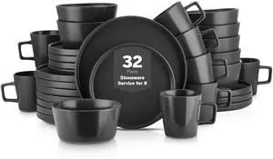 Celina Stoneware 32 Piece Modern Dinnerware Set, Plates and Bowls, Black Matte, Service for 8, Microwave & Dishwasher Safe Celina Stoneware 32 Piece Modern Dinnerware Set, Plates and Bowls, Black Matte, Service for 8, Microwave & Dishwasher Safe