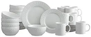 Sylvia Dinnerware Set 32-Piece Service for 8 - White Porcelain Dinner Plates, Salad Plates, Soup Bowls and Mugs with Embossed Scrollwork Sylvia Dinnerware Set 32-Piece Service for 8 - White Porcelain Dinner Plates, Salad Plates, Soup Bowls and Mugs with Embossed Scrollwork