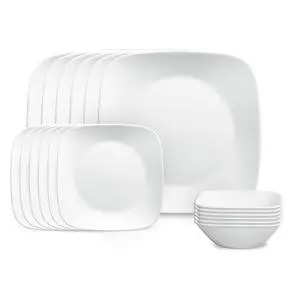 Vitrelle 18-Piece Service for 6 Square Dinnerware Set Triple Layer Glass and Chip Resistant, Lightweight Square Plates and Bowls Set, Pure White Vitrelle 18-Piece Service for 6 Square Dinnerware Set Triple Layer Glass and Chip Resistant, Lightweight Square Plates and Bowls Set, Pure White