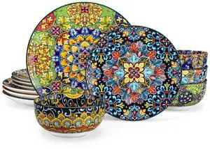 12 Pieces Dinnerware Sets, Plates and Bowls Set, Porcelain Dishes Set for 4, Microwave and Dishwasher Safe, Scratch Resistant, Bohemian Style Dining Ware Service for 4, Series SIMI 12 Pieces Dinnerware Sets, Plates and Bowls Set, Porcelain Dishes Set for 4, Microwave and Dishwasher Safe, Scratch Resistant, Bohemian Style Dining Ware Service for 4, Series SIMI