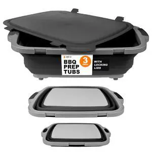 Collapsible BBQ Prep Tubs 3-Piece Set- For Meal Prep Marinating Food Storage - Includes Cutting Board & Lid - (1) JR + (1) OG + (1) XL - Black Collapsible BBQ Prep Tubs 3-Piece Set- For Meal Prep Marinating Food Storage - Includes Cutting Board & Lid - (1) JR + (1) OG + (1) XL - Black