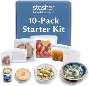 Reusable Silicone Bags and Stretch Lids, 10-Pack Starter Kit, Clear Reusable Silicone Bags and Stretch Lids, 10-Pack Starter Kit, Clear