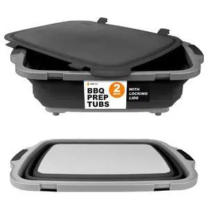 Collapsible BBQ Prep Tubs 2-Piece Set- For Meal Prep Marinating Food Storage - Includes Cutting Board & Lid - (2) XL - Black Collapsible BBQ Prep Tubs 2-Piece Set- For Meal Prep Marinating Food Storage - Includes Cutting Board & Lid - (2) XL - Black