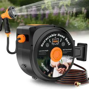 Retractable Garden Hose Reel, 1/2 in x 100 ft Wall Mounted Hose Reel | Anti-freeze 10-Function Sprayer Nozzle Any Length Lock Slow Return System 180°Swivel Bracke for Large Yard Lawn Car Washing Retractable Garden Hose Reel, 1/2 in x 100 ft Wall Mounted Hose Reel | Anti-freeze 10-Function Sprayer Nozzle Any Length Lock Slow Return System 180°Swivel Bracke for Large Yard Lawn Car Washing