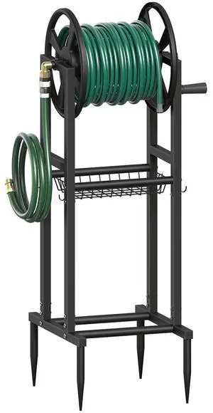 Freestanding Garden Hose Reel holds 125ft Hose of 5/8" with 4 Hooks, 4-Spike Outdoor Hose Holder with 3.9ft Leader Hose & Brass Fitting, Detachable Metal Hose Stand with Storage Rack, Black Freestanding Garden Hose Reel holds 125ft Hose of 5/8" with 4 Hooks, 4-Spike Outdoor Hose Holder with 3.9ft Leader Hose & Brass Fitting, Detachable Metal Hose Stand with Storage Rack, Black