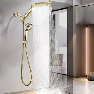 High Pressure Dual Shower Head with Handheld Spray Combo | 9 Spray Modes Handheld Showerhead, Double Rainfall Structure, Waterfall Shower Equipped with 79-Inch Hose, Brushed Gold High Pressure Dual Shower Head with Handheld Spray Combo | 9 Spray Modes Handheld Showerhead, Double Rainfall Structure, Waterfall Shower Equipped with 79-Inch Hose, Brushed Gold