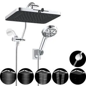 13'' 5-spray Rain Shower Head with 10-Spray Handheld, Chrome | High Pressure Dual Showerhead Combo, Upgraded Rainfall Shower Head, 12'' Extension Arm, 71'' Hose & Holder 13'' 5-spray Rain Shower Head with 10-Spray Handheld, Chrome | High Pressure Dual Showerhead Combo, Upgraded Rainfall Shower Head, 12'' Extension Arm, 71'' Hose & Holder