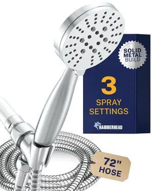 Solid Metal 3-Spray Handheld Shower Head with Long Hose and Holder - CHROME - 2.5 GPM High Pressure Shower Head with Handheld Sprayer - WIDE, MASSAGE, and MIST Sprays Solid Metal 3-Spray Handheld Shower Head with Long Hose and Holder - CHROME - 2.5 GPM High Pressure Shower Head with Handheld Sprayer - WIDE, MASSAGE, and MIST Sprays