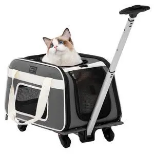 Cat Carrier with Wheels, Removable Spinner Wheels, Up to 13 lb | Fits pets up to 15 L x 8 H in and 13 lb; removable spinner wheels, anti-sag frame, 4-sided mesh, safety tether and locks. Cat Carrier with Wheels, Removable Spinner Wheels, Up to 13 lb | Fits pets up to 15 L x 8 H in and 13 lb; removable spinner wheels, anti-sag frame, 4-sided mesh, safety tether and locks.