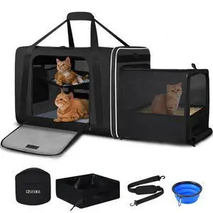 Side Expandable Extra Large Cat Carrier with Litter Box, Black | 24"x17"x17", Lockable Safety Zippers and Seat Anchors, for Car Travel, for 1 Medium-Large Cat or 2 Small Cats Under 55 lbs Side Expandable Extra Large Cat Carrier with Litter Box, Black | 24"x17"x17", Lockable Safety Zippers and Seat Anchors, for Car Travel, for 1 Medium-Large Cat or 2 Small Cats Under 55 lbs
