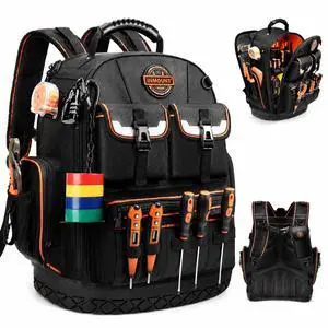 Tool Backpack Heavy Duty, 18.5 in, 56 Pockets, Molded Bottom, Black | 1680D Water-Resistant, Laptop Compartment, Full Opening, Resettable Combination Lock, for Electricians and HVAC Pros Tool Backpack Heavy Duty, 18.5 in, 56 Pockets, Molded Bottom, Black | 1680D Water-Resistant, Laptop Compartment, Full Opening, Resettable Combination Lock, for Electricians and HVAC Pros