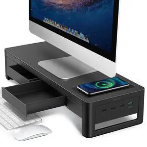 3 In 1 Monitor Stand Riser with 2 Drawers,1 Wireless Charging Module and 4 USB Ports,Metal Computer Stand Support Transfer Data & Charging,Desk Organizer for PC,iMac (21 inches) 3 In 1 Monitor Stand Riser with 2 Drawers,1 Wireless Charging Module and 4 USB Ports,Metal Computer Stand Support Transfer Data & Charging,Desk Organizer for PC,iMac (21 inches)