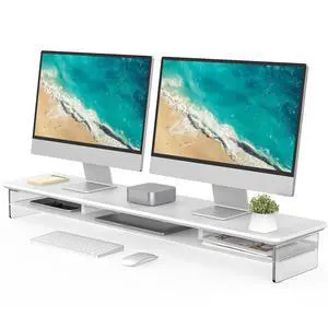 42.5" Dual Monitor Stand with Clear Acrylic Legs, White | Clear Acrylic, Storage Compartment, 2-tier Home Office Monitor Riser, Wide Large Desktop Shelf Fit Monitor/Laptop/Printer 42.5" Dual Monitor Stand with Clear Acrylic Legs, White | Clear Acrylic, Storage Compartment, 2-tier Home Office Monitor Riser, Wide Large Desktop Shelf Fit Monitor/Laptop/Printer