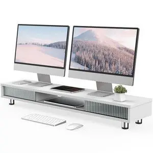 Dual Monitor Stand with Storage, Desk Shelf with Glass Sliding Door | Ergonomic Height Adjustment, 42.5in Monitor Shelf, 2-Tier Monitor Riser, Desk Organizer for Screen, PC, Laptop, White Dual Monitor Stand with Storage, Desk Shelf with Glass Sliding Door | Ergonomic Height Adjustment, 42.5in Monitor Shelf, 2-Tier Monitor Riser, Desk Organizer for Screen, PC, Laptop, White