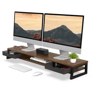 Dual Monitor Stand Riser, 42.5in Desk Shelf with 2 Drawers, Brown | 2-Tier Monitor Shelf for Desk, Storage Drawer with Stopper, Frosted, fit Home Office, Ultrawide Screen, PC, Laptop, TV Dual Monitor Stand Riser, 42.5in Desk Shelf with 2 Drawers, Brown | 2-Tier Monitor Shelf for Desk, Storage Drawer with Stopper, Frosted, fit Home Office, Ultrawide Screen, PC, Laptop, TV