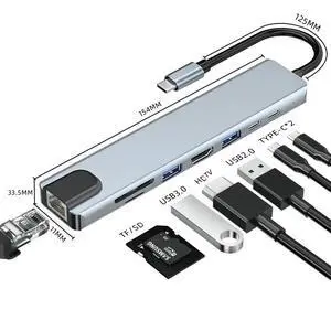 8-in-1 USB-C Hub Adapter Type-C Cable 4K 60Hz Converter Ethernet USB 3.0 8-in-1 Hub USB Charging Station Dock Station 8-in-1 USB-C Hub Adapter Type-C Cable 4K 60Hz Converter Ethernet USB 3.0 8-in-1 Hub USB Charging Station Dock Station