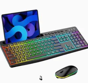2.4G wireless keyboard and mouse set with RGB backlighting and ergonomic film keyboard and mouse. The typing experience is very comfortable. 2.4G wireless keyboard and mouse set with RGB backlighting and ergonomic film keyboard and mouse. The typing experience is very comfortable.