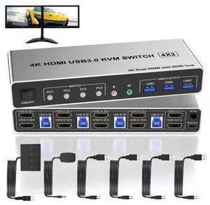 4 Port USB 3.0 KVM Switch Dual Monitor HDMI 4K 60Hz, KVM Switch 2 Monitors for 4PCs Supports EDID, KVM Switch 4 Computers with Audio Microphone Output and 3 USB 3.0 Ports, 4 in 2 Out KVM 4 Port USB 3.0 KVM Switch Dual Monitor HDMI 4K 60Hz, KVM Switch 2 Monitors for 4PCs Supports EDID, KVM Switch 4 Computers with Audio Microphone Output and 3 USB 3.0 Ports, 4 in 2 Out KVM