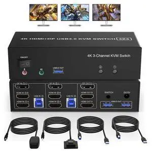 2 HDMI + 1 Displayport KVM Switch 3 Monitor 2 Computers, 4K@60Hz Triple Monitor KVM Switch with Audio and 3 USB 3.0 Ports, 2 Computers Share 3 Monitors Keyboard Mouse Switcher 2 HDMI + 1 Displayport KVM Switch 3 Monitor 2 Computers, 4K@60Hz Triple Monitor KVM Switch with Audio and 3 USB 3.0 Ports, 2 Computers Share 3 Monitors Keyboard Mouse Switcher