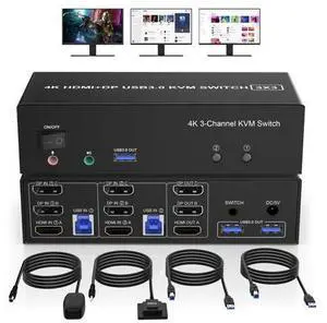 HDMI + 2 Displayport 3 Monitor KVM Switch USB 3.0 for 2 Computers, 4K@60Hz Triple Monitor KVM Switch with Audio and 3 USB 3.0 Ports, 2 Computers Share 3 Monitors Keyboard Mouse Switcher HDMI + 2 Displayport 3 Monitor KVM Switch USB 3.0 for 2 Computers, 4K@60Hz Triple Monitor KVM Switch with Audio and 3 USB 3.0 Ports, 2 Computers Share 3 Monitors Keyboard Mouse Switcher
