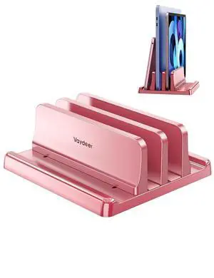Vertical Laptop Stand for Desk, Dual Slots Plastic Laptop Holder with Space Saving 4-in-1 Design, Adjustable Laptop Stand Supports MacBook, Chromebook, Surface, Dell (Pink Rose) Vertical Laptop Stand for Desk, Dual Slots Plastic Laptop Holder with Space Saving 4-in-1 Design, Adjustable Laptop Stand Supports MacBook, Chromebook, Surface, Dell (Pink Rose)