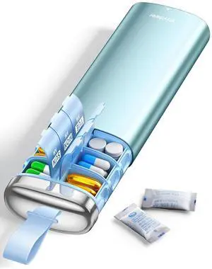 Metal Pill Organizer 2 Times a Day, AM PM 7 Day Weekly Pill Box with Built-in Desiccant, Airtight Moisture-Resistant Travel Pill Case for Medication & Supplements (Blue) Metal Pill Organizer 2 Times a Day, AM PM 7 Day Weekly Pill Box with Built-in Desiccant, Airtight Moisture-Resistant Travel Pill Case for Medication & Supplements (Blue)