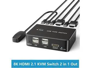 8K@60Hz HDMI 2.1 USB KVM Switch 1 Monitors 2 Computers, 4K@120Hz USB switcher HDMI KVM Switch 2 in 1 Out with Remote and 4 USB 2.0 Port, 2 USB Cables and 1 Desktop Controller for Work or Entertainment 8K@60Hz HDMI 2.1 USB KVM Switch 1 Monitors 2 Computers, 4K@120Hz USB switcher HDMI KVM Switch 2 in 1 Out with Remote and 4 USB 2.0 Port, 2 USB Cables and 1 Desktop Controller for Work or Entertainment