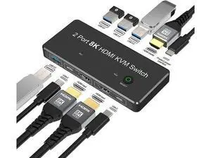 2 Port 8K HDMI KVM Switch 2 in 1 Out 8K@60Hz 4K@120Hz 2 PC to 1 Monitor with 4 USB 3.0 Ports for Sharing Keyboard, Mouse, U Disk 2 Port 8K HDMI KVM Switch 2 in 1 Out 8K@60Hz 4K@120Hz 2 PC to 1 Monitor with 4 USB 3.0 Ports for Sharing Keyboard, Mouse, U Disk