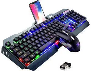 Wireless Gaming Keyboard and Mouse, Rechargeable, Rainbow Backlit with 3800mAh Battery Metal Panel,Mechanical Feel Keyboard and 7 Color Mute Mouse for Windows Computer Gamers Wireless Gaming Keyboard and Mouse, Rechargeable, Rainbow Backlit with 3800mAh Battery Metal Panel,Mechanical Feel Keyboard and 7 Color Mute Mouse for Windows Computer Gamers