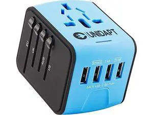 Unidapt Universal Travel Adapter, International Plug Adapter Fast 2,4A 4-USB European Power Plug, AC Wall Charger Worldwide Outlet for Europe US USA UK EU AUS, Blue Unidapt Universal Travel Adapter, International Plug Adapter Fast 2,4A 4-USB European Power Plug, AC Wall Charger Worldwide Outlet for Europe US USA UK EU AUS, Blue