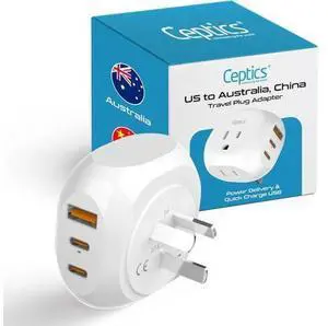 Ceptics Australia, China Travel Adapter - 5 Input with 20W PD-QC 3.1A Dual USB-C and USB - Ultra Compact - Light Weight - USA to Any Type I Countries Such as New Zealand, Argentina and More Ceptics Australia, China Travel Adapter - 5 Input with 20W PD-QC 3.1A Dual USB-C and USB - Ultra Compact - Light Weight - USA to Any Type I Countries Such as New Zealand, Argentina and More