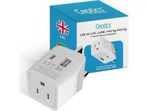 Ceptics UK Travel Adapter Plug - with 2 USB + USA Socket Input - Type G - Ultra Compact - Safe Grounded Perfect for Cell Phones, Laptops, Camera Chargers Ceptics UK Travel Adapter Plug - with 2 USB + USA Socket Input - Type G - Ultra Compact - Safe Grounded Perfect for Cell Phones, Laptops, Camera Chargers