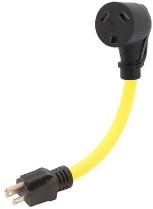 Nema 5-15P to TT-30R Power Adapter Cord, 15A Household Male to 30A Trailer Female Angled Adapter, STW 10AWG Length= 1Foot Nema 5-15P to TT-30R Power Adapter Cord, 15A Household Male to 30A Trailer Female Angled Adapter, STW 10AWG Length= 1Foot