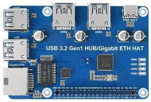 USB 3.2 Gen1 and Gigabit Ethernet HUB HAT for Raspberry Pi Series Board, 3x USB 3.2 Gen1, 1x Gigabit Ethernet, Plug & Play, No Driver Needed USB 3.2 Gen1 and Gigabit Ethernet HUB HAT for Raspberry Pi Series Board, 3x USB 3.2 Gen1, 1x Gigabit Ethernet, Plug & Play, No Driver Needed