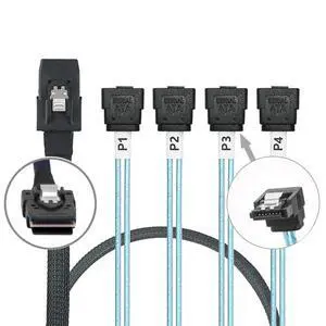 Array Disk Cable Mini SAS 36Pin (SFF-8087) to 4 SATA 7Pin Cable, Mini SAS Host/Controller to 4 SATA90° Elbow Target/Backplane, 1M(3.3FT) Array Disk Cable Mini SAS 36Pin (SFF-8087) to 4 SATA 7Pin Cable, Mini SAS Host/Controller to 4 SATA90° Elbow Target/Backplane, 1M(3.3FT)