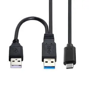 Type-C USB 3.0 Power Y Cable, Dual USB3.0 Data & USB2.0 Power A Male to USB-C USB 3.0 Cable with Extra Power for SSD HDD Type-C USB 3.0 Power Y Cable, Dual USB3.0 Data & USB2.0 Power A Male to USB-C USB 3.0 Cable with Extra Power for SSD HDD