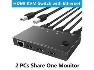 2 Port HDMI KVM Switch 2 PC 1 Monitor 4K@60Hz 2K@144Hz, 2 in 1 Out HDMI KVM Switch with Ethernet and 4 USB 2.0 ports for 2 PC Sharing 1 Monitor and keyboard, mouse, printer, U disk, with 2 USB cables 2 Port HDMI KVM Switch 2 PC 1 Monitor 4K@60Hz 2K@144Hz, 2 in 1 Out HDMI KVM Switch with Ethernet and 4 USB 2.0 ports for 2 PC Sharing 1 Monitor and keyboard, mouse, printer, U disk, with 2 USB cables