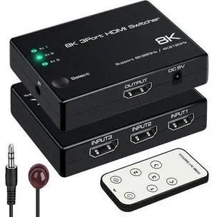 HDMI 2.1 Switch 3 in 1 Out, 8K@60Hz 4K@120Hz HDMI Switcher 3 Port, 8K HDMI Auto Switch 3x1 Selector with IR Remote for Xbox,PS5,PS4,UHD TV, Support 48Gbps, HDCP 2.3,HDR 10+, 1080P@240Hz HDMI 2.1 Switch 3 in 1 Out, 8K@60Hz 4K@120Hz HDMI Switcher 3 Port, 8K HDMI Auto Switch 3x1 Selector with IR Remote for Xbox,PS5,PS4,UHD TV, Support 48Gbps, HDCP 2.3,HDR 10+, 1080P@240Hz