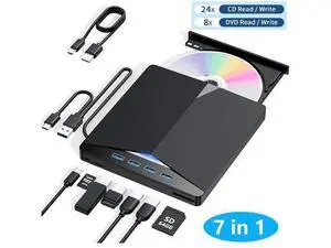 External CD/DVD Drive for Laptop, 7-in-1 Portable DVD Player for Laptop, USB 3.0 Type C External CD DVD Burner with SD/TF Card Reader & 4-Port USB Hub, Compatible with Windows, Mac OS, Linux External CD/DVD Drive for Laptop, 7-in-1 Portable DVD Player for Laptop, USB 3.0 Type C External CD DVD Burner with SD/TF Card Reader & 4-Port USB Hub, Compatible with Windows, Mac OS, Linux