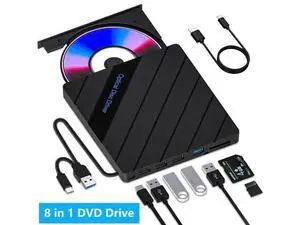 8-in-1 External CD DVD Drive for Laptop, USB 3.0 Type-C Slim Portable Player CD DVD RW Burner Writer Reader with SD/TF Slot & 4 USB Ports, Optical Disk Drive for Windows11/10/Mac OS/Vista/Linux 8-in-1 External CD DVD Drive for Laptop, USB 3.0 Type-C Slim Portable Player CD DVD RW Burner Writer Reader with SD/TF Slot & 4 USB Ports, Optical Disk Drive for Windows11/10/Mac OS/Vista/Linux