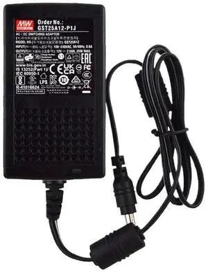 GST25A12-P1J Desktop AC Adapter, 25W 12V 2.08A, DC P1J Barrel Plug, 2.1mm I.D. x 5.5mm O.D. x 11mm Center Positive Female, 3 Pole AC Inlet IEC320-C14, Input: 85~264VAC, Level VI GST25A12-P1J Desktop AC Adapter, 25W 12V 2.08A, DC P1J Barrel Plug, 2.1mm I.D. x 5.5mm O.D. x 11mm Center Positive Female, 3 Pole AC Inlet IEC320-C14, Input: 85~264VAC, Level VI
