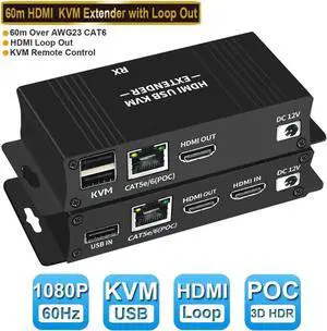 60M HDMI KVM USB Extender Over IP Over Ethernet 1080p HD Video Over Cat5e Cat6 Ethernet Cable 60M (196ft) for Mouse and Keyboard Control Remote Signals (Black) 60M HDMI KVM USB Extender Over IP Over Ethernet 1080p HD Video Over Cat5e Cat6 Ethernet Cable 60M (196ft) for Mouse and Keyboard Control Remote Signals (Black)