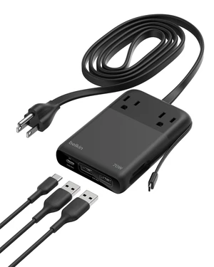 Charging Station Power Strip Dual USB-C Charger 2 AC 2 USB-A 70W GaN Integrated USB-C cable, travel-friendly design, compact GaN charger, iPhone, Apple Watch, iPad, MacBook, Chromebook Charging Station Power Strip Dual USB-C Charger 2 AC 2 USB-A 70W GaN Integrated USB-C cable, travel-friendly design, compact GaN charger, iPhone, Apple Watch, iPad, MacBook, Chromebook